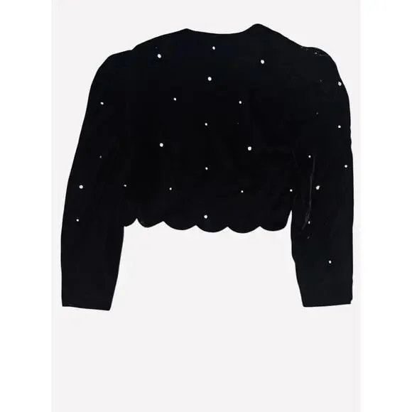 Vintage Black Velvet Mini Cami Dress & Jacket Scalloped Trim Rhinestones Size 12 - Picture 7 of 8